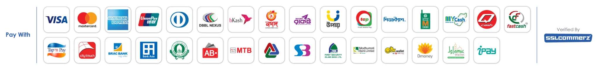 Pay with Visa, Mastercard, bKash, Nagad and more. Verified by SSLCommerz.